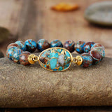 Boho Bracelet, Stretchy Bracelet, Brown Blue 10mm Bronzite Stone Tibetan - Wild Rose Boho