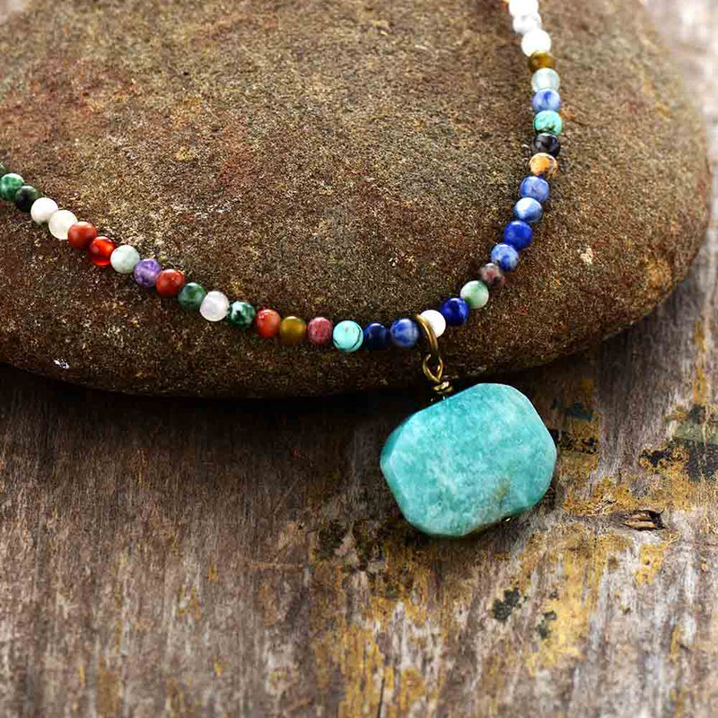Boho Necklace, Choker Necklace, Mix Natural Stone Beads, Pendant - Wild Rose Boho