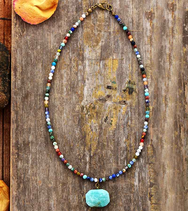 Boho Necklace, Choker Necklace, Mix Natural Stone Beads, Pendant - Wild Rose Boho
