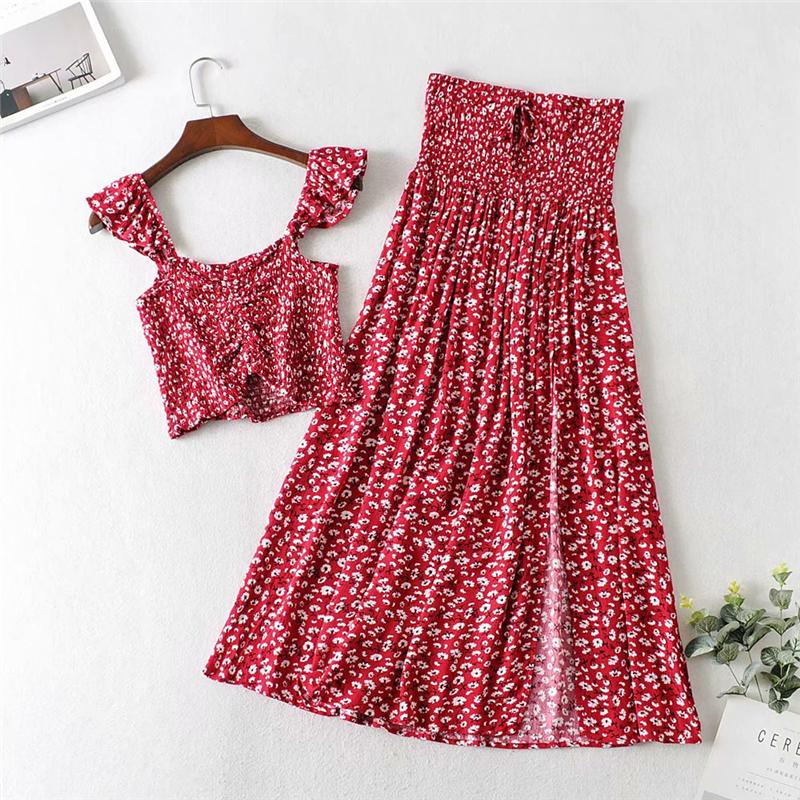 Boho 2 Piece Set, Matching Crop Top and Skirt, Wild Floral Daisy Red - Wild Rose Boho