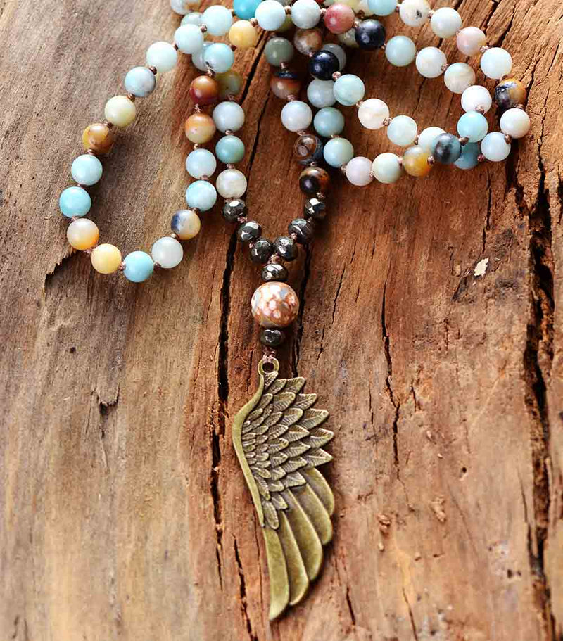 Boho Necklace, Blue and Brown Pyrite Angel Wing - Wild Rose Boho