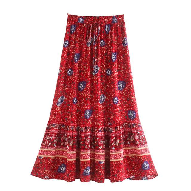 Boho Skirt, Midi Skirt, Wild Flower in Red and Navy - Wild Rose Boho