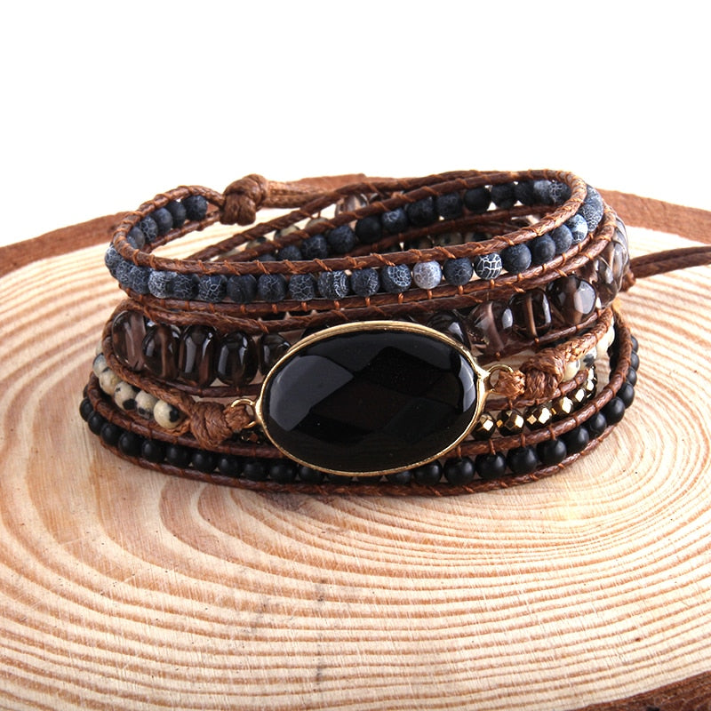 Boho Bracelet, RH 5 Layers Leather Wrap Bracelet, Black Onyx - Wild Rose Boho