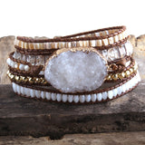 Boho Bracelet, RH 5 Layers Leather Wrap Bracelet, Natural Stones, Snow White and Black - Wild Rose Boho