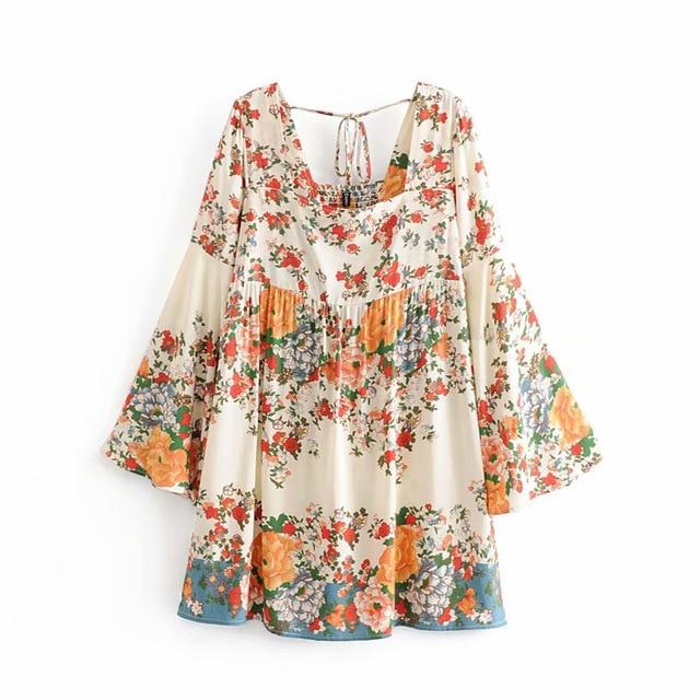 Mini Dress, Boho Dress, Playdress, White Modern Kimono Dress Floral - Wild Rose Boho