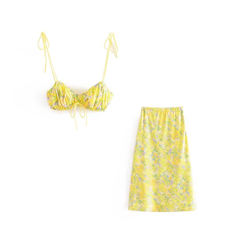Boho 2 Piece Set, Matching Crop Top and Skirt, YellowLittle Flower - Wild Rose Boho
