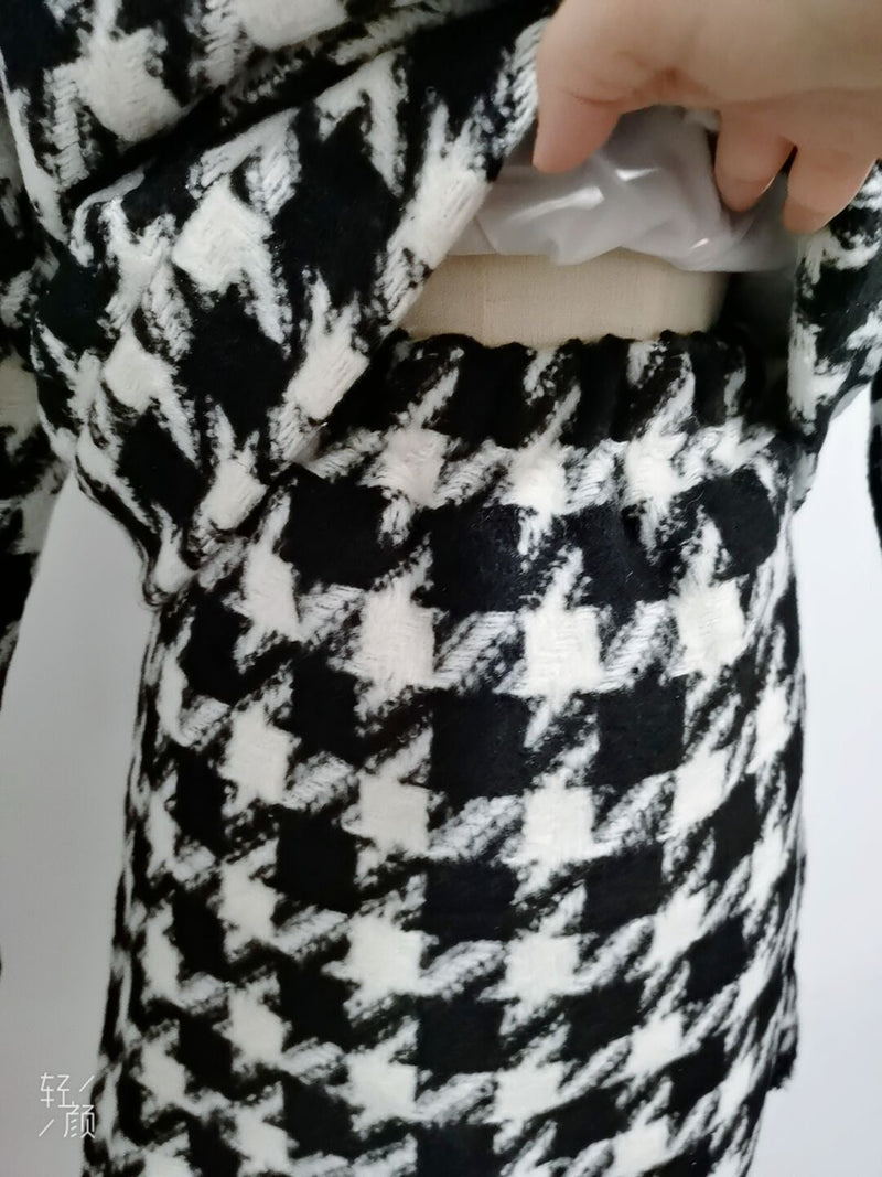 Autumn Winter 2 Piece Set, Matching Wool Plaid Jacket and Mini Skirt, Vintage Winter in Black-White - Wild Rose Boho