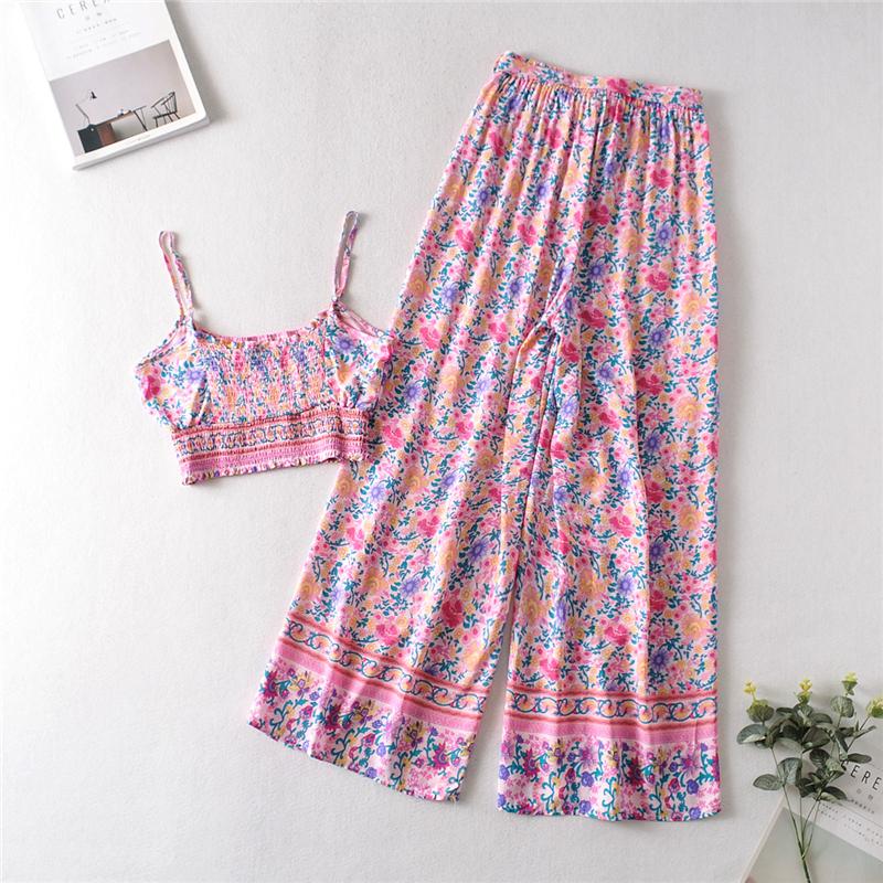 Boho Two Piece Set, Two Piece Pants Set, Wild Floral in Pink