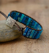 Boho Bracelet, Leather Wrap Bracelet, Tube Natural Stones, 4 colors Blue, Orange, Green and Red - Wild Rose Boho
