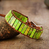 Boho Bracelet, Leather Wrap Bracelet, Tube Natural Stones, 4 colors Blue, Orange, Green and Red - Wild Rose Boho