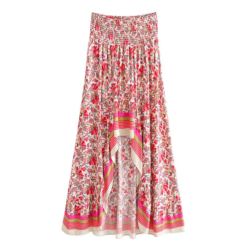 Boho Skirt, Asymmetric Maxi Skirt, Indian Pink Floral - Wild Rose Boho