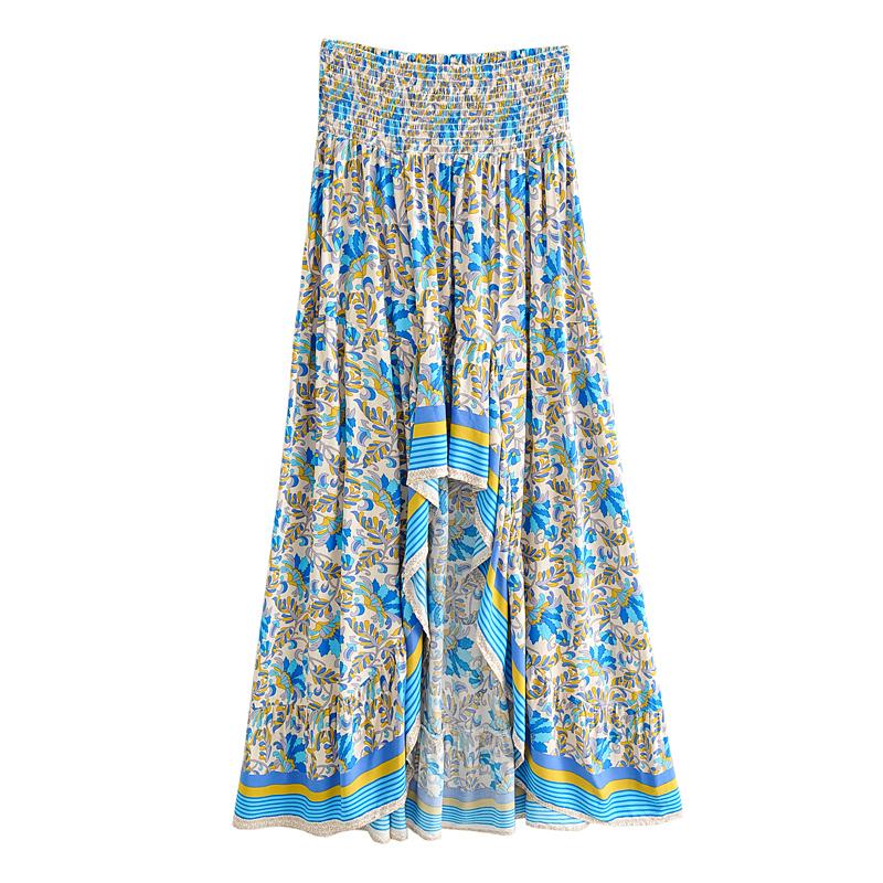 Boho Skirt, Asymmetric Maxi Skirt, Indian Blue Floral - Wild Rose Boho