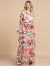 Maxi Dress, Boho Vintage Dress, One Shoulder Ruffle Gown, Pink Daisy Rose - Wild Rose Boho