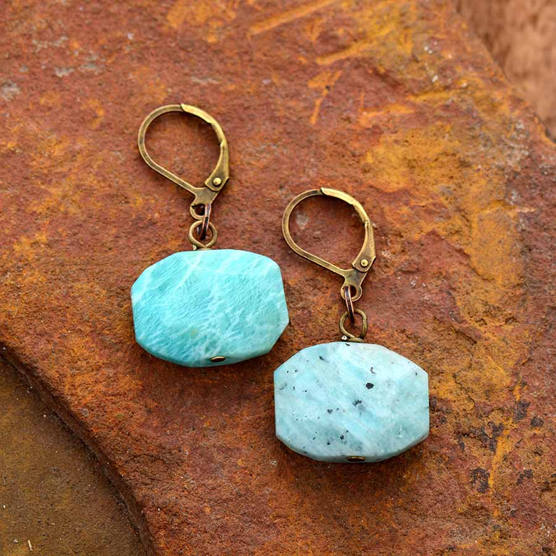 Boho Earrings, Dangle Earrings, Hexagon Blue Amazonite - Wild Rose Boho
