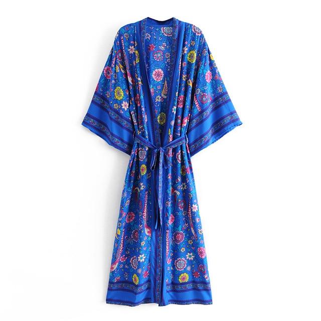 Boho Robe, Kimono Robe, Blue Peony Bird - Wild Rose Boho