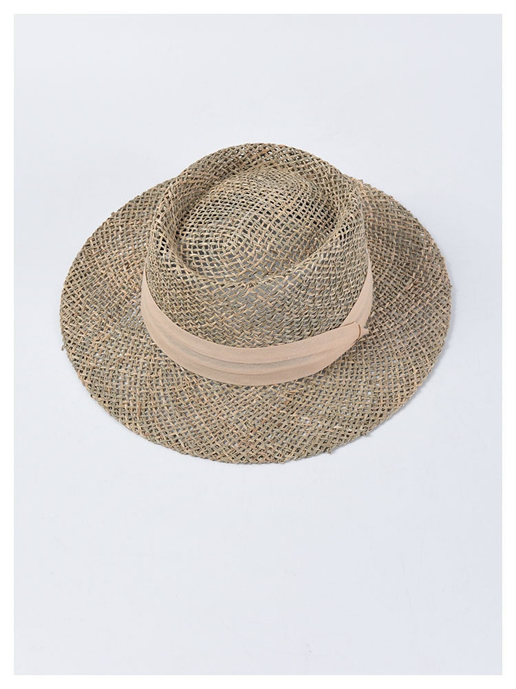 Boho Hat, Sun Beach Hat, Panama Seagrass Sun Hat, Carolina with Pink Ribbon - Wild Rose Boho