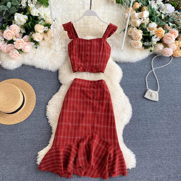 Boho Vintage 2 Piece Set, Matching Crop Top and Midi Skirt, Red Plaid - Wild Rose Boho