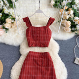 Boho Vintage 2 Piece Set, Matching Crop Top and Midi Skirt, Red Plaid - Wild Rose Boho