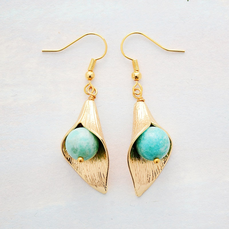 Boho Earrings, Dangle Earrings, Gold Flower Blue Amazonite - Wild Rose Boho