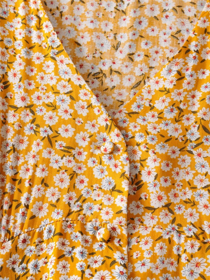 Mini Dress, Boho Dress, Sundress, Wild Floral Yellow Daisy - Wild Rose Boho