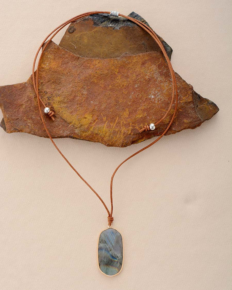 Boho Necklace, Labradorite, Green Natural Stone, Pendant - Wild Rose Boho