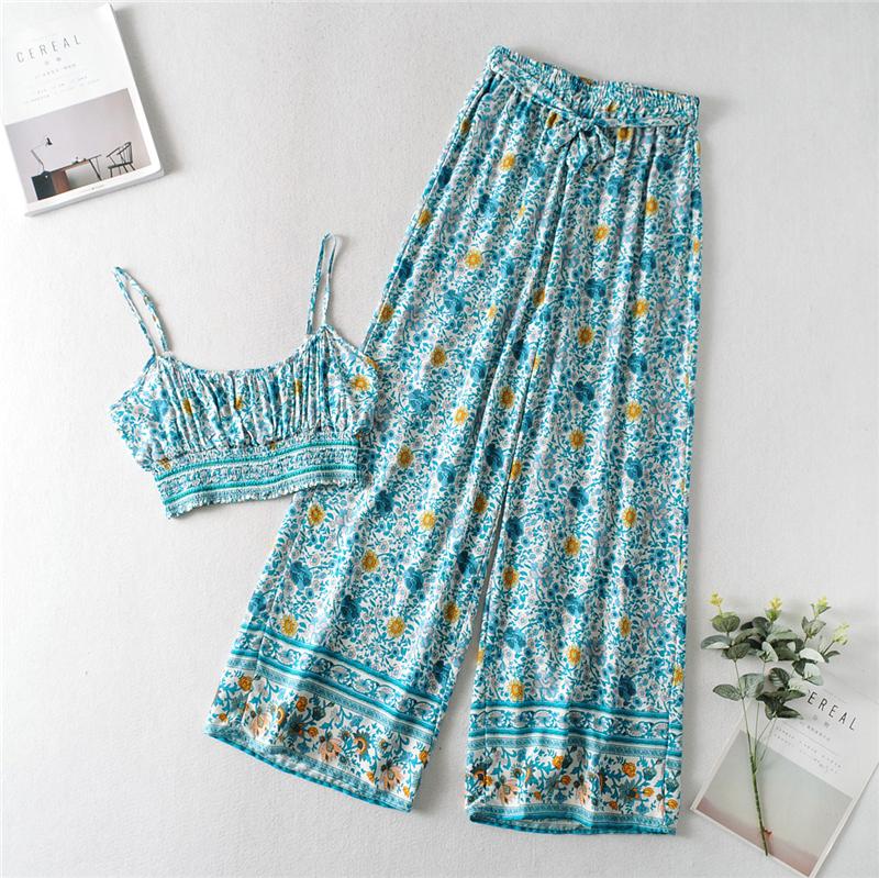 Boho 2 Piece Set, Matching Crop Top and Pant, Wild Floral in Blue - Wild Rose Boho