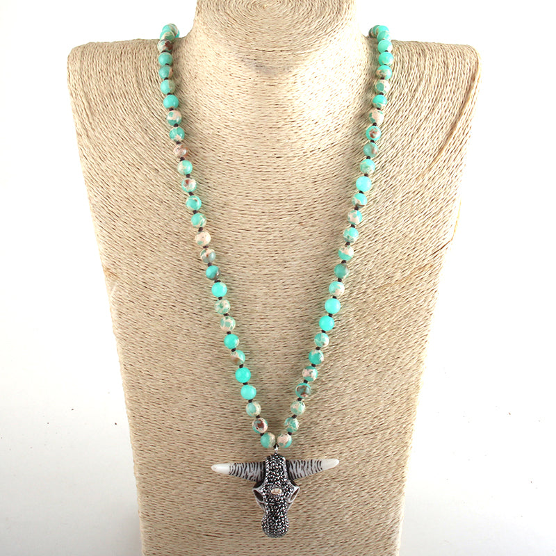 Boho Necklace, RH Antique Horn  Crystal Lava Stone