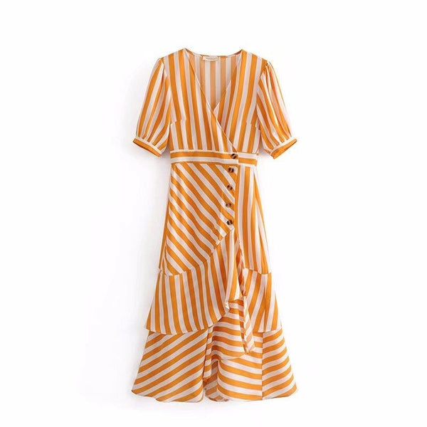 Midi Dress, Boho Dress, Vintage Yellow Stripe - Wild Rose Boho