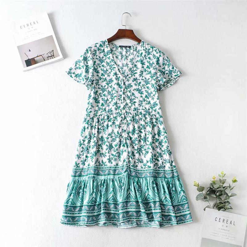 Boho Mini Dress Sundress, Wild Floral Fresh Green Mint