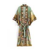Boho Robe, Kimono Robe, Peacock in Gold Green - Wild Rose Boho