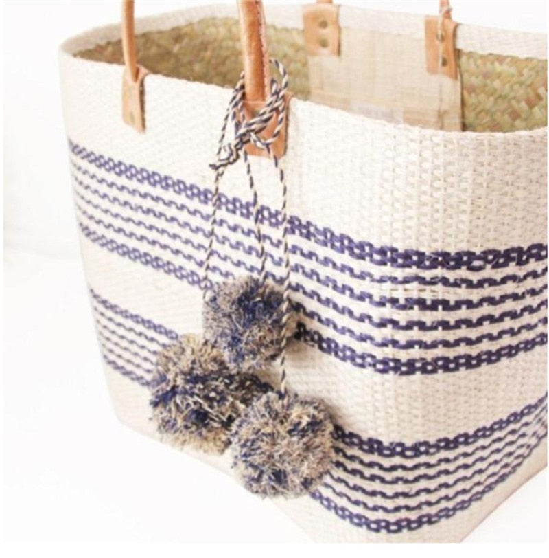 Boho Bag, Woven Straw Rope Basket Bag, Blue Bohemia Vacation - Wild Rose Boho