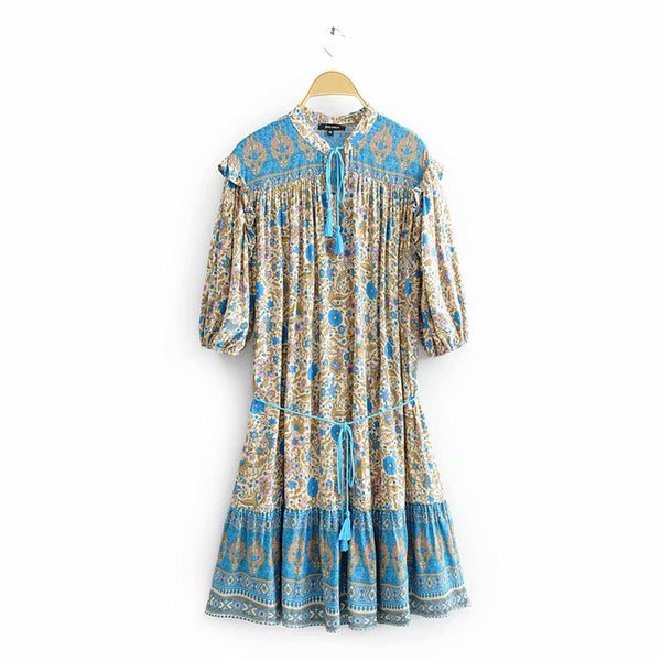 Mini Dress, Boho Dress, Sundress, Tunic Dress, Indian Flower in Blue - Wild Rose Boho
