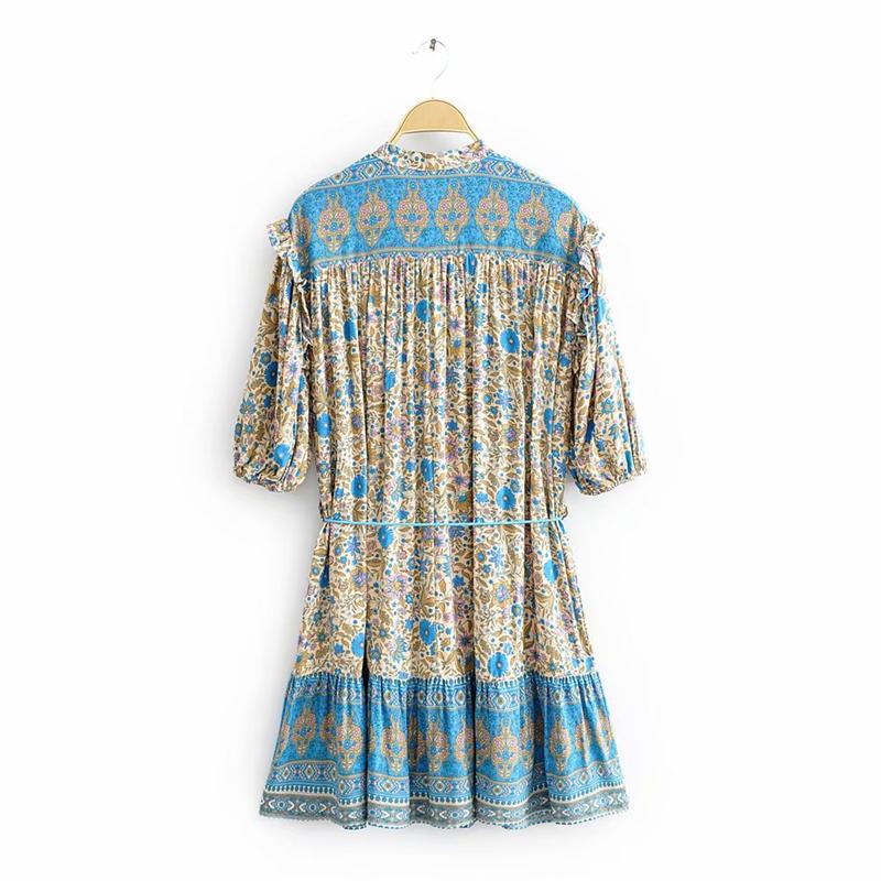 Mini Dress, Boho Dress, Sundress, Tunic Dress, Indian Flower in Blue - Wild Rose Boho