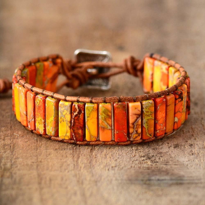 Boho Bracelet, Leather Wrap Bracelet, Tube Natural Stones, 4 colors Blue, Orange, Green and Red - Wild Rose Boho