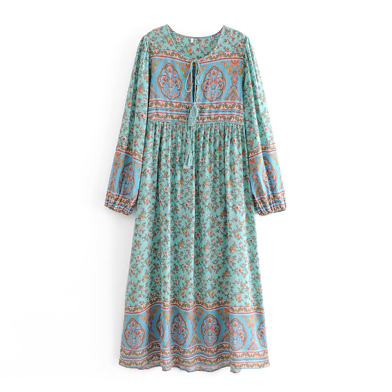 Gown Dress, Boho Maxi Dress, Loose Dress, Parakeet Green Indian Floral, Green / L