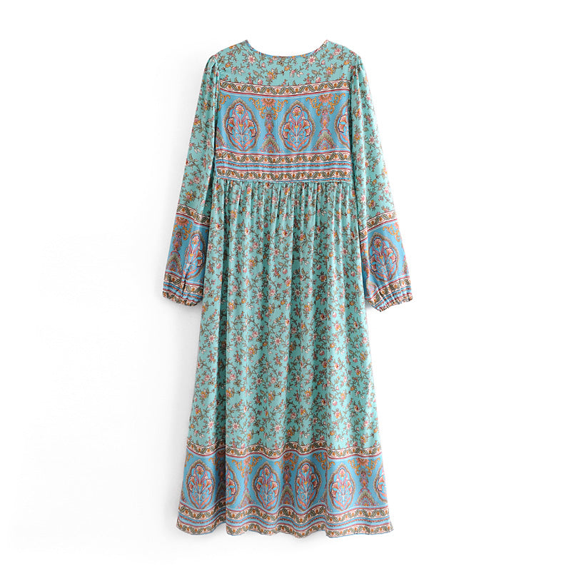 Gown Dress, Boho Maxi Dress, Loose Dress, Parakeet Green Indian Floral, Green / L