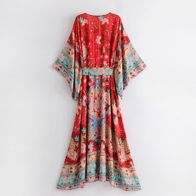 Boho Dress, Kimono Robe Dress, Wild Flower Kelly Red