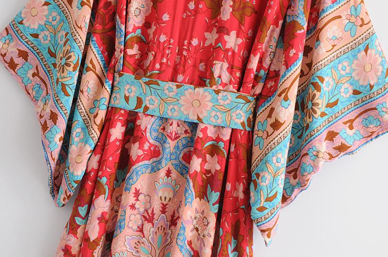 Boho Dress, Kimono Robe Dress, Wild Flower Kelly Red