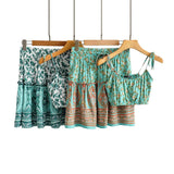 Boho 2 Piece Set, Matching Crop Top and Mini Skirt, Wild Floral in Green - Wild Rose Boho