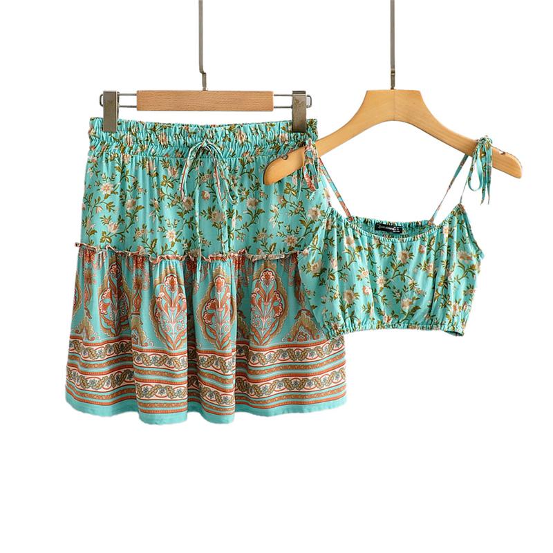 Boho 2 Piece Set, Matching Crop Top and Mini Skirt, Wild Floral in Mint Green - Wild Rose Boho