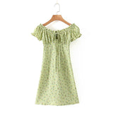 Boho Mini Dress Off  Shoulder Sundress, Pastel Green Flower Child