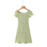 Boho Mini Dress Off  Shoulder Sundress, Pastel Green Flower Child