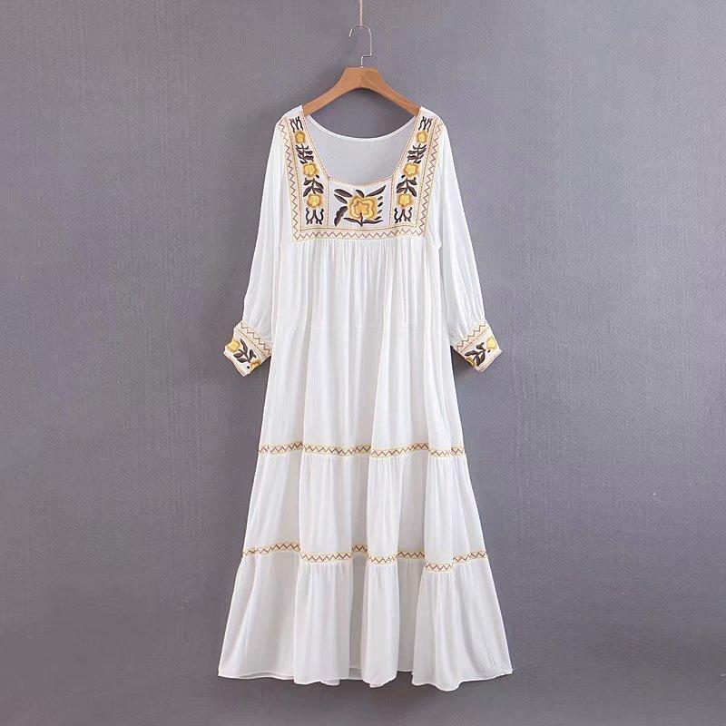 Midi Dress, Boho Dress, Embroidered Dress, Vintage Gown in White - Wild Rose Boho