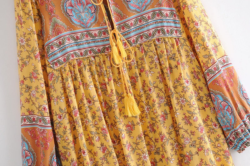 Gown Dress, Boho Maxi Dress, Loose Dress, Bumblebee Yellow Indian Flor Wild Rose Boho Gown Dress, Boho Maxi Dress, Loose Dress, Bumblebee Yellow Indian Flor Wild Rose Boho