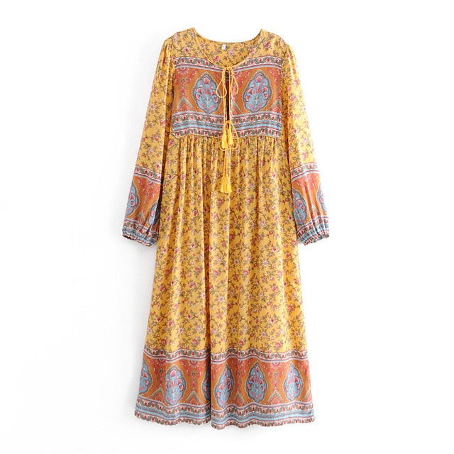 Gown Dress, Boho Maxi Dress, Loose Dress, Bumblebee Yellow Indian Floral Yellow / M