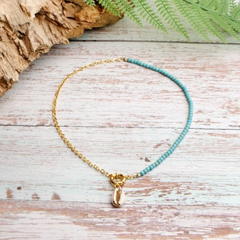 Boho Necklace, Blue Colorful Hippie Gold Shell - Wild Rose Boho