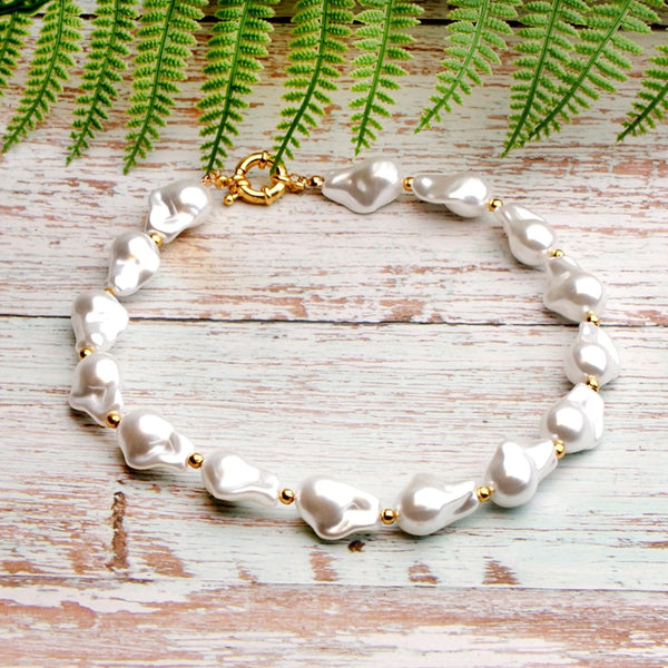 Boho Necklace, Peal Choker, White Sea Shell