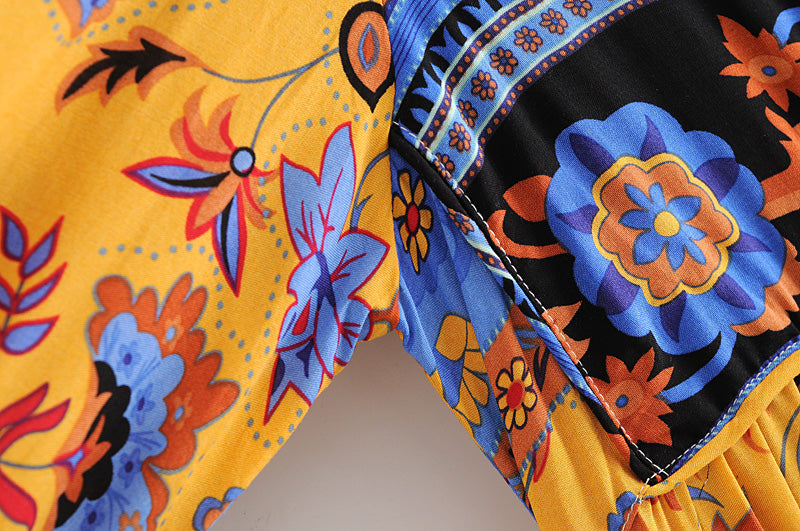 Boho Dress, Gown, Blue Yellow Indian Floral - Wild Rose Boho