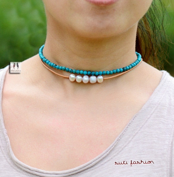 Boho Necklace, Choker Necklace, Blue and Green Natural Stones - Wild Rose Boho
