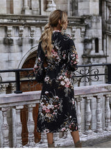 Midi Dress, Boho Dress, Black Luna Floral Dresse - Wild Rose Boho